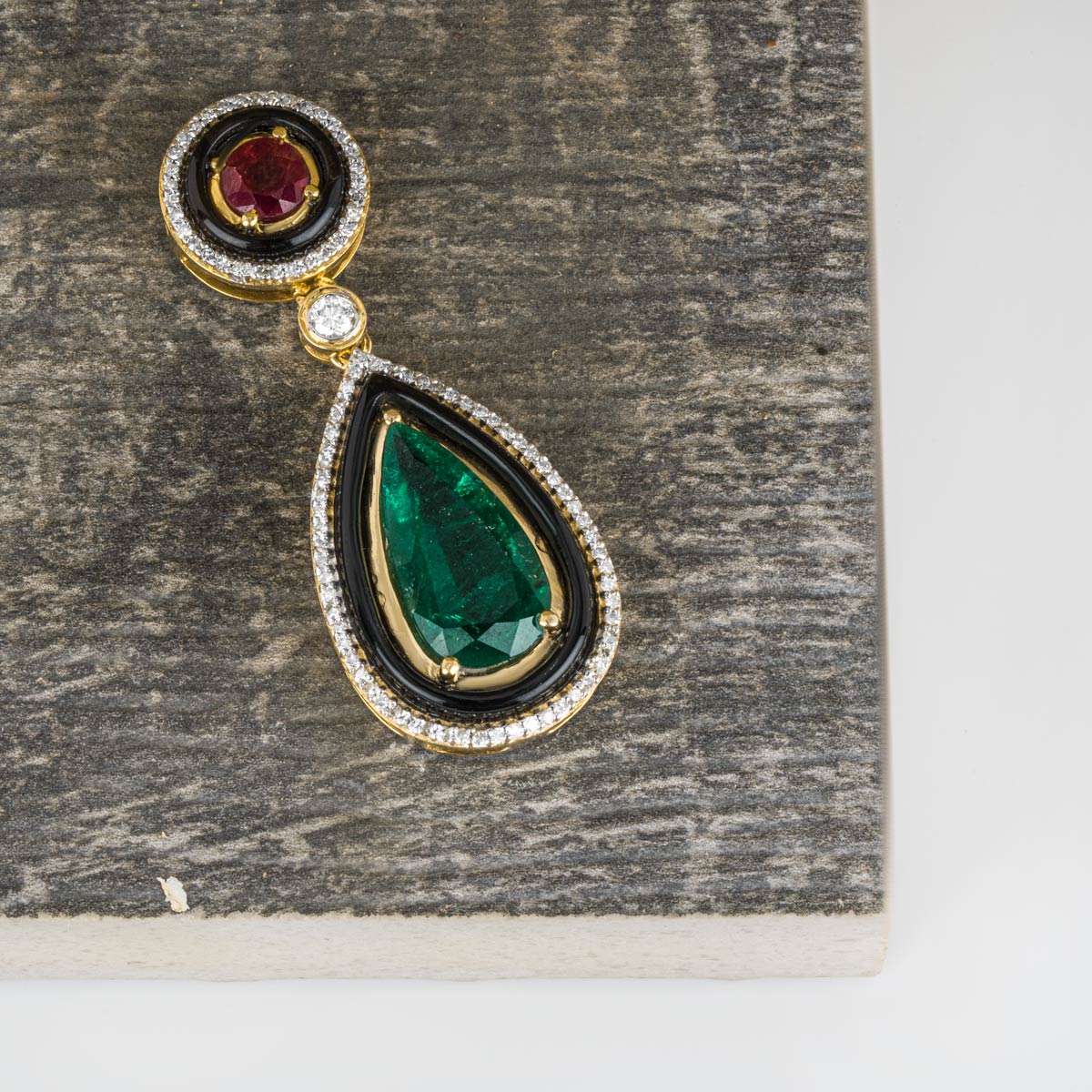 Yellow Gold Emerald, Ruby, Onyx & Diamond Pendant